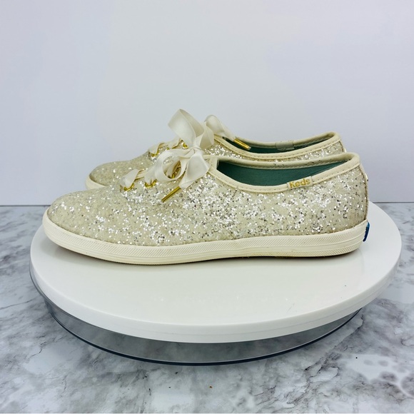 Kate Spade Keds Sneakers Womens 5.5 White Cream Satin Lace Glitter Dipped Bridal - Picture 2 of 8